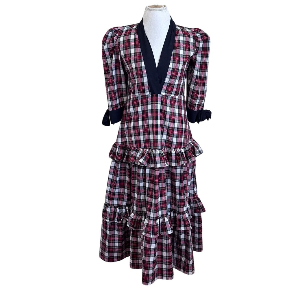Tarten Plaid Womens Tiered Maxi Dress Size M Red Black Preppy Academia Holiday
